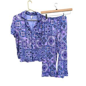 Joyspun Womens L Paisley Pajama Set Top Bottoms Pockets Short Sleeve Blue Purple